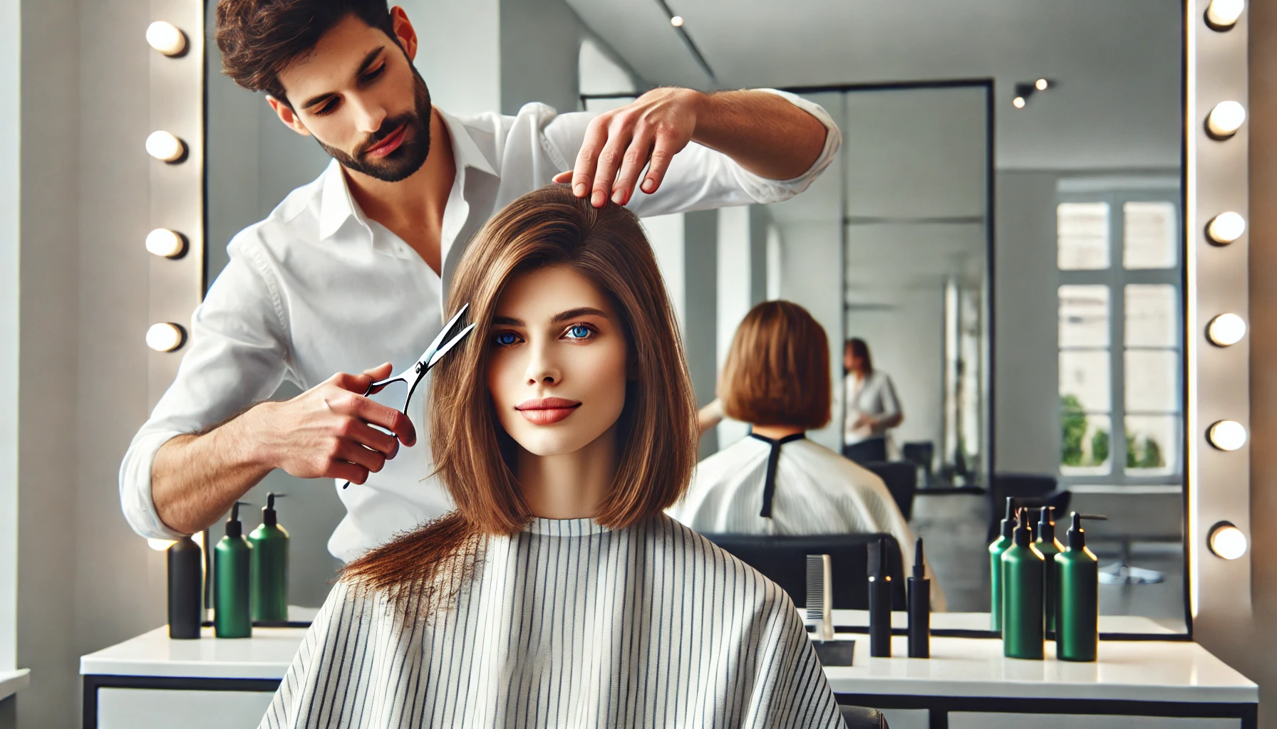 DALL·E 2024-11-26 17.49.08 - A modern salon interior with a professional stylist cutting a woman's hair. The woman has shoulder-length hair, and she looks confident and relaxed. T